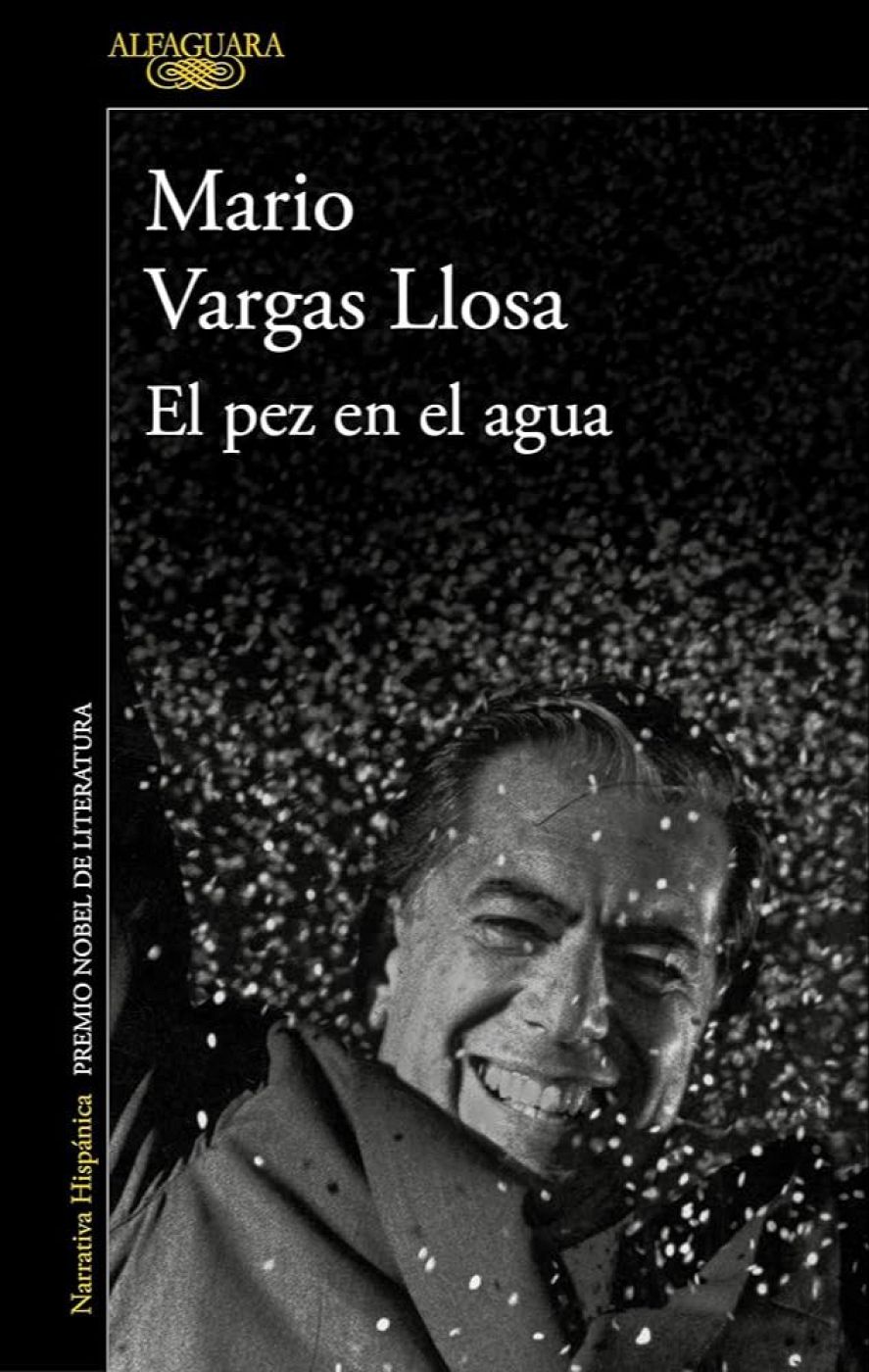 Portada en blanco y negro de un libro con el autor sonriendo y confeti.  Se indica el Premio Nobel de Literatura.