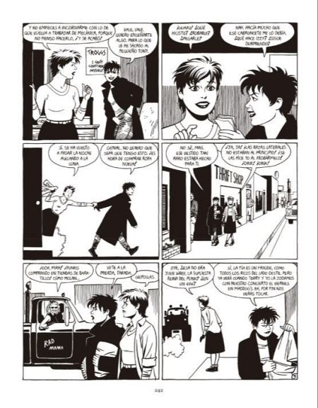 Seis viñetas de un cómic muestran a dos mujeres jóvenes interactuando en diferentes escenarios, incluyendo una tienda y una camioneta.  Los diálogos revelan una historia dinámica y llena de acción.