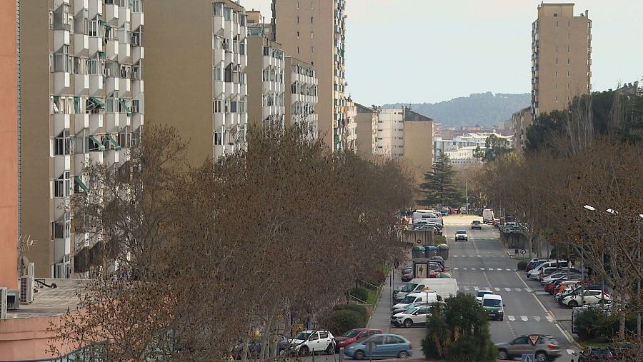 Avenida residencial con edificios de varios pisos, árboles sin hojas y coches aparcados. Atmósfera tranquila y urbana.
