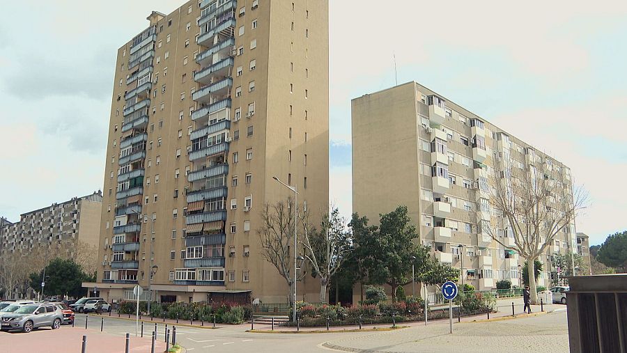 Dos bloques de apartamentos, uno alto y estrecho, otro bajo y ancho, en una calle residencial con árboles y coches aparcados. Se observa una persona caminando.