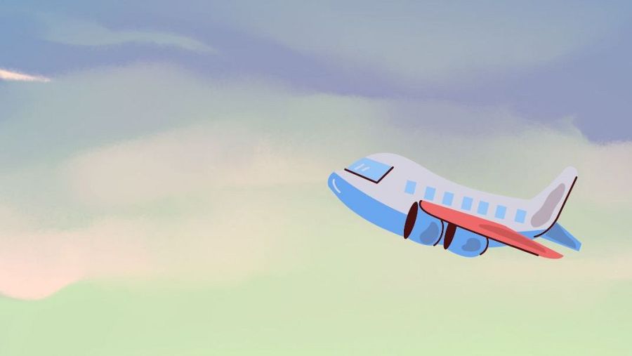 Avión azul claro con detalles rojos, volando en un cielo con degradado. Ilustración sencilla, estilo infantil.