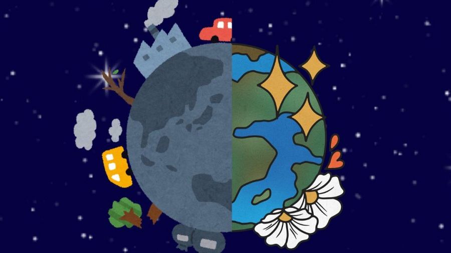 Planeta Tierra dividido mostrando un lado contaminado con fábricas y vehículos, y otro lado con naturaleza exuberante.  Contrasta la contaminación con la pureza ambiental.