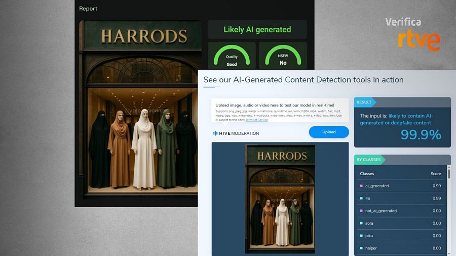 Resultados de dos aplicaciones que concluyen que la imagen está generada con IA