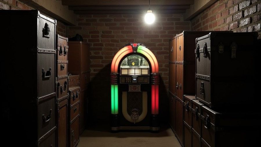 Jukebox clásica iluminada en un sótano de ladrillo, rodeada de maletas antiguas. Atmósfera tenue y estética retro.