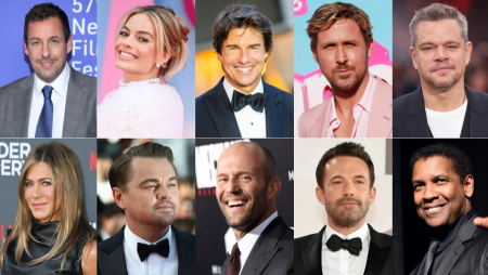 Diez retratos en primer plano de actores y actrices famosos, con diferentes expresiones y vestimentas.