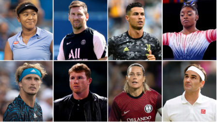 Collage de ocho fotos de deportistas de élite con sus respectivas vestimentas deportivas: camisetas, maillots y chaqueta.  Diversas disciplinas representadas.