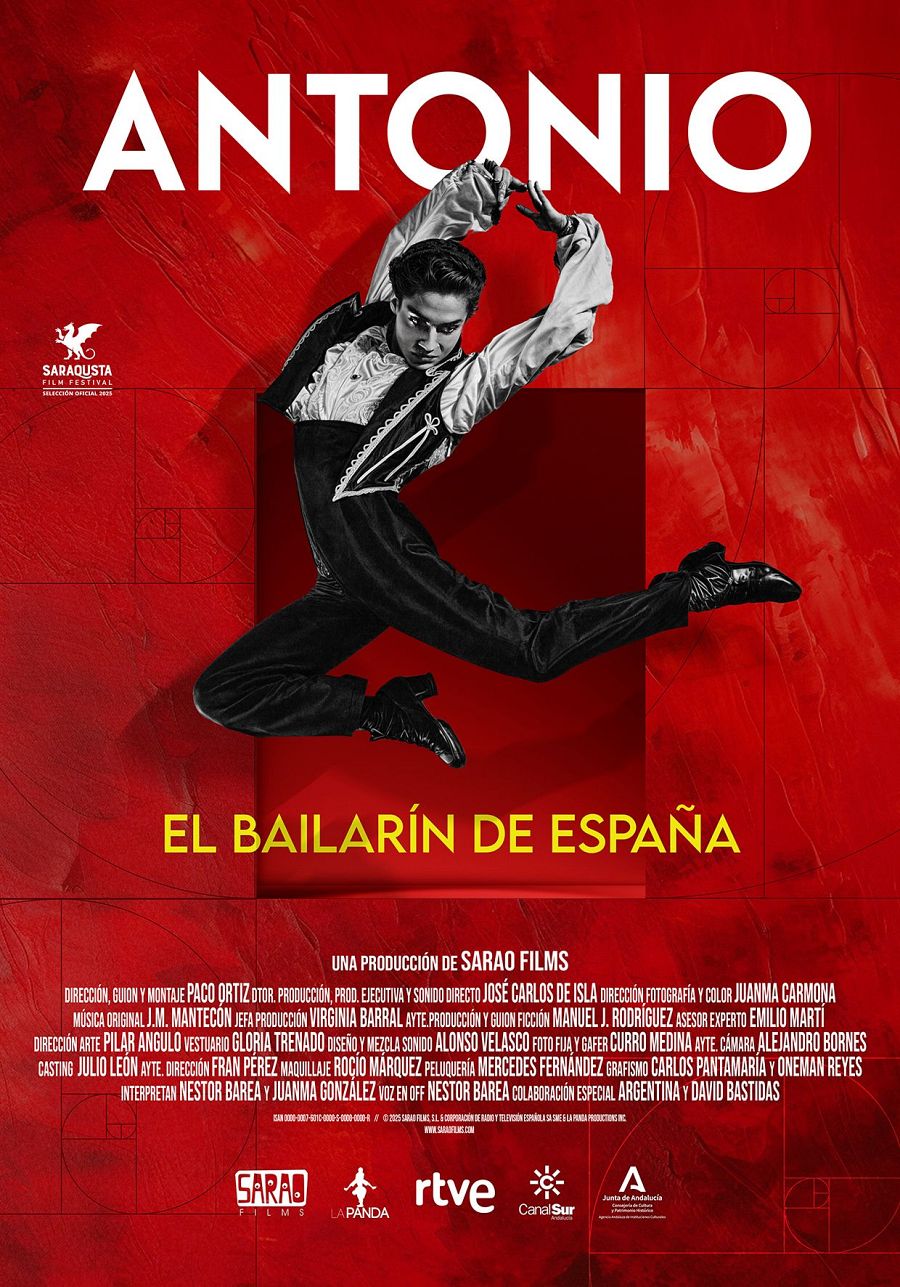 Cartel de documental: Bailarín en salto, fondo rojo.  Colaboración RTVE, Canal Sur y otros. Seleccionado en Saraqusta Film Festival.