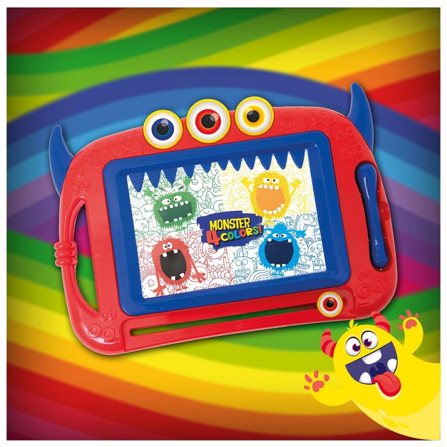 Pizarra roja con forma de monstruo, lápiz rojo incluido, lámina con dibujos y frase "Monster 4 Colors".
