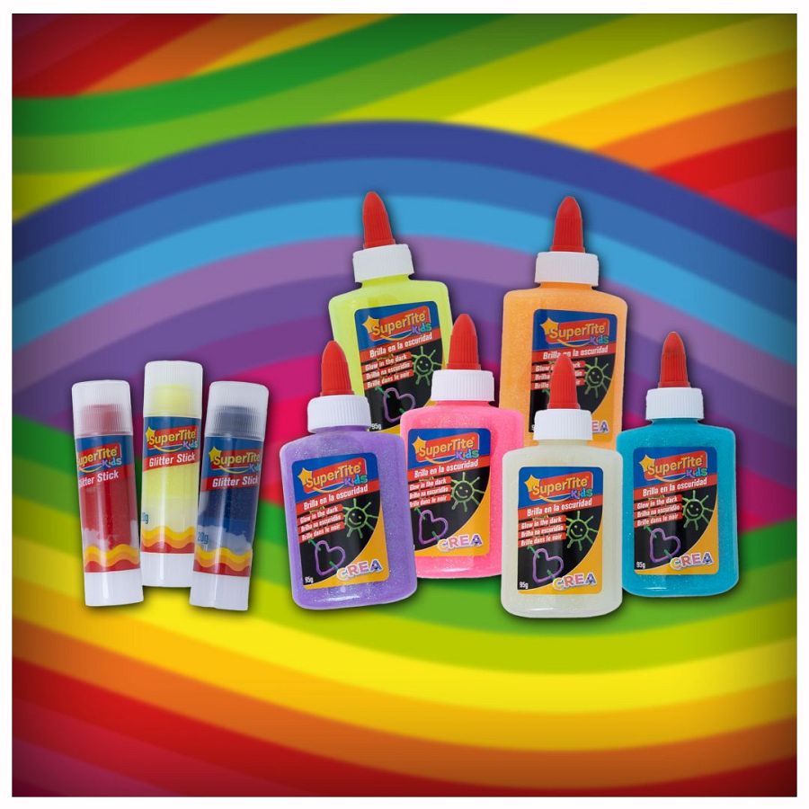 Pegamentos SuperTite Kids: líquidos (6 colores, brillo en la oscuridad) y barras Glitter Stick (3 colores con purpurina).
