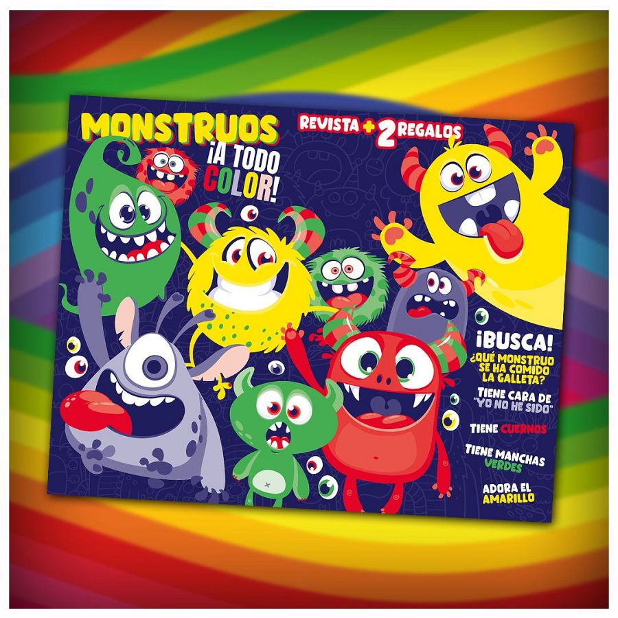 Portada de revista infantil con monstruos coloridos, título "MONSTRUOS ¡A TODO COLOR!" y juego de búsqueda con pistas. Incluye la frase "REVISTA + 2 REGALOS".