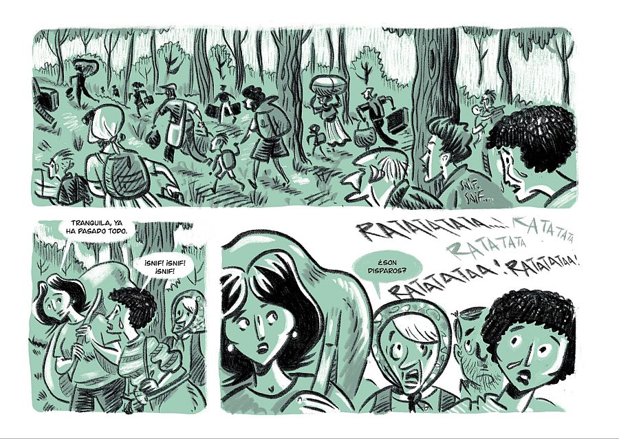 Viñetas de cómic mostrando escenas de huida, consuelo, miedo y alarma ante disparos.  Textos incluyen onomatopeyas de disparos y frases de consuelo.