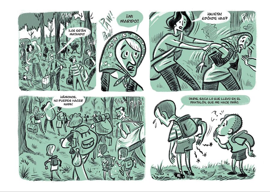 Cuatro viñetas de cómic muestran un ataque, angustia, un grupo caminando por un bosque y dos niños con un objeto incómodo en el pantalón; estilo sencillo en tonos verdes.