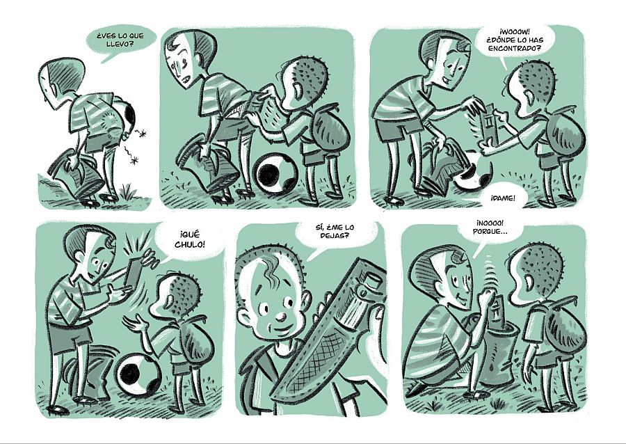Dos niños interactúan en seis viñetas de un cómic; uno muestra un objeto rectangular, causando sorpresa e interés en el otro, pero luego lo guarda, dejando al segundo decepcionado.