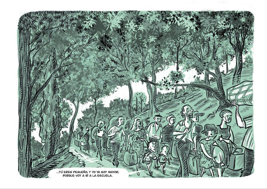 Viñeta de cómic con tonos verdes, mostrando personas caminando por un sendero en un entorno natural.  Un niño dice: 