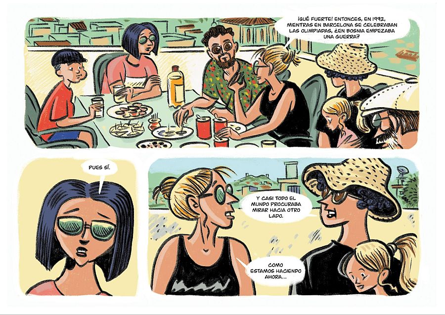 Conversación en un cómic sobre la guerra de Bosnia en 1992, durante las Olimpiadas de Barcelona, y la indiferencia global, comparada con la actualidad. Tres mujeres discuten el tema.