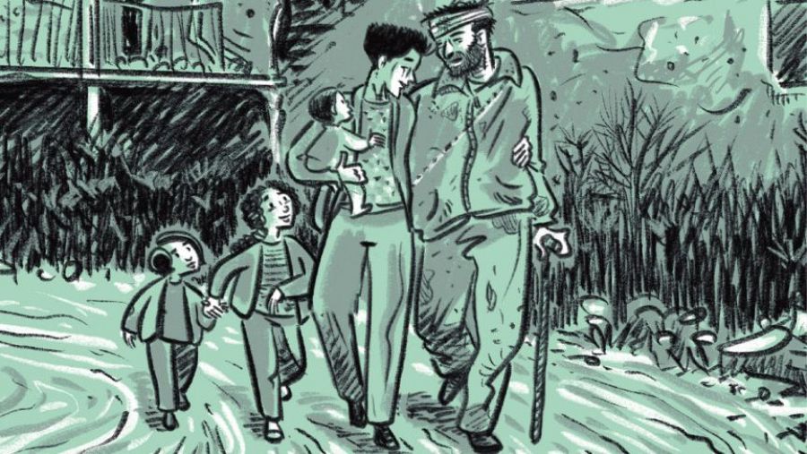 Familia caminando en entorno natural; abuelo con bastón y vendaje; imagen en blanco y negro con filtro verde.