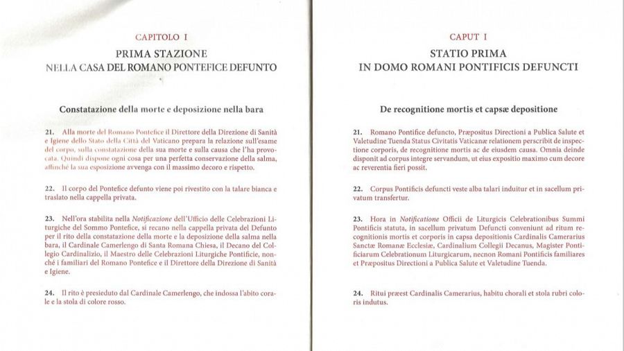 Detalle del ritual de las exequias pontificias con la constatación de la muerte en italiano y en latín.