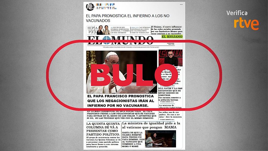 Mensaje que comparte una portada falsa de El Mundo sobre el papa Francisco para difundir un bulo