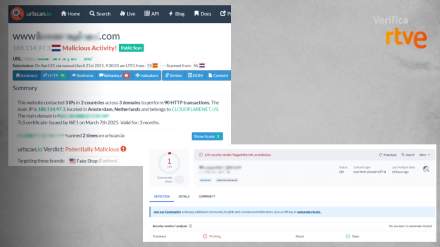 Análisis del enlace fraudulento en URL Scan y  VirusTotal donde alertan de 'phishing' y contenido malicioso