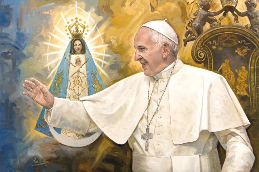 Retrato del Papa Francisco, de Raúl Berzosa, con la Virgen María a su lado, sobre fondo dorado.  Gesto de saludo papal y detalles ornamentales.