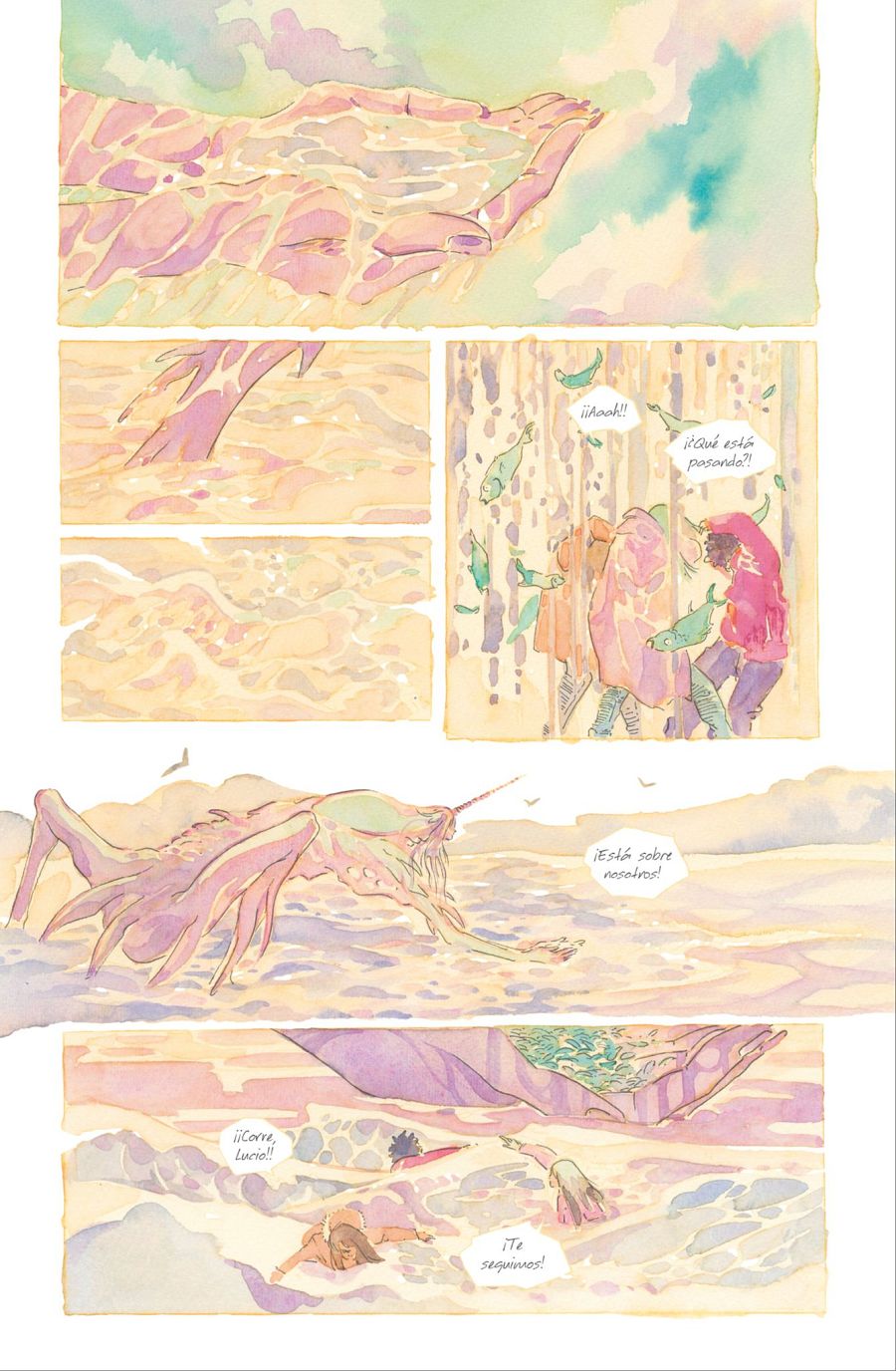 Siete viñetas muestran una criatura marina rosada gigante, peces cayendo del cielo y dos personajes reaccionando con pánico en un entorno acuático.