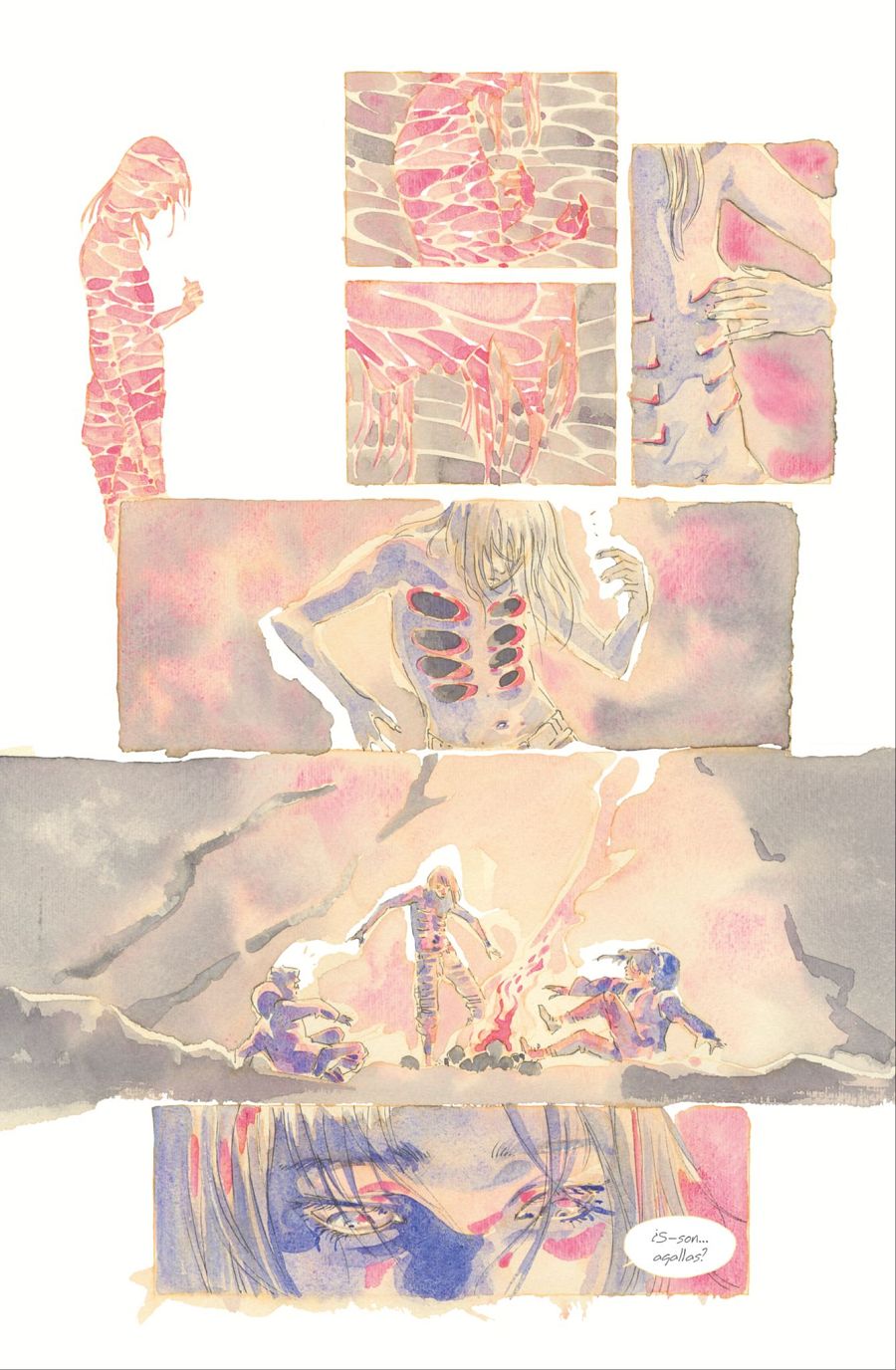 Secuencia de viñetas de un cómic: mujer con marcas circulares en la espalda, transformación, ojos sorprendidos.  Detalles de agua y una fogata.