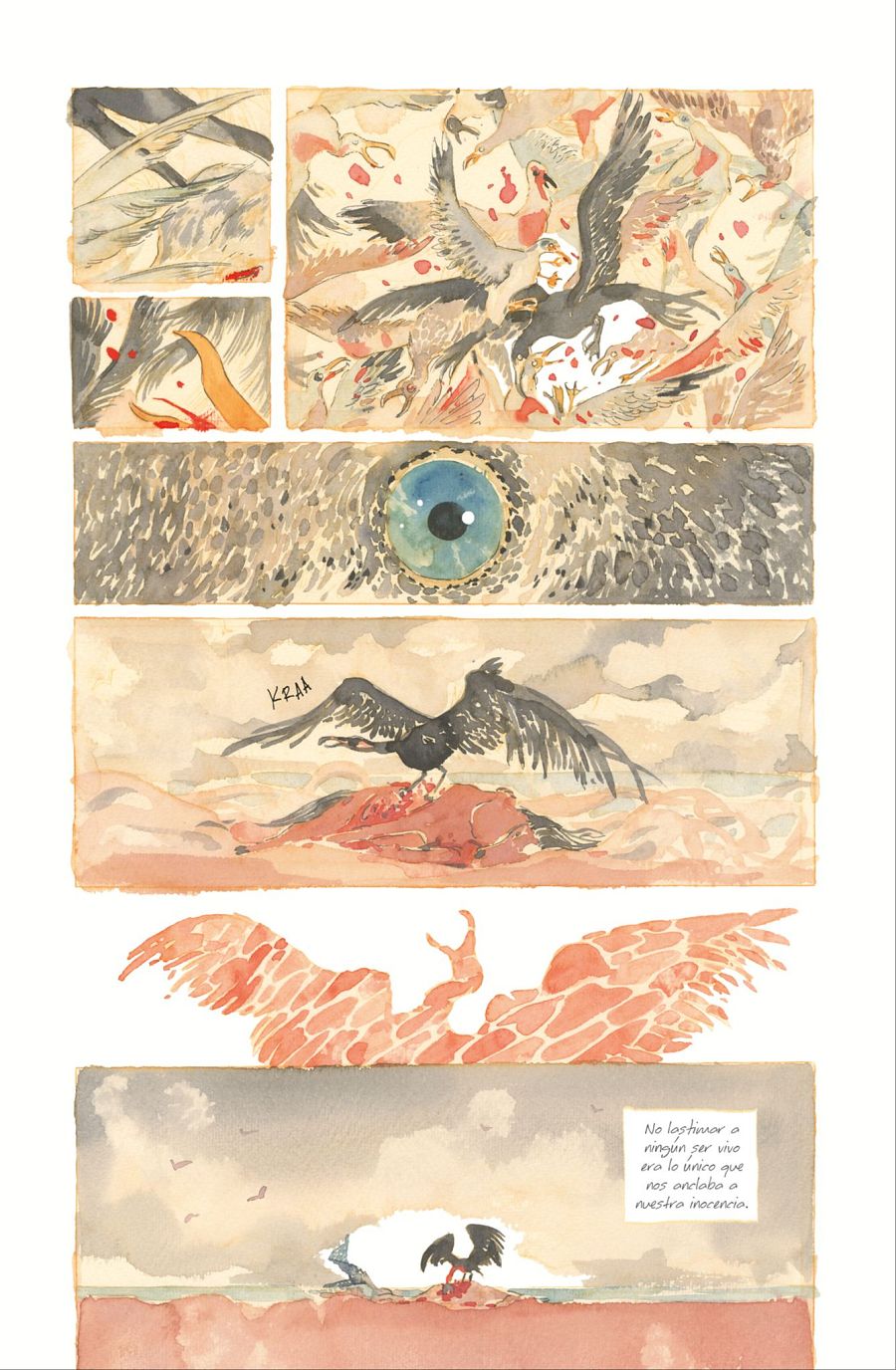 Viñetas de cómic con pájaros, sangre, un gran ojo azul y un cuervo.  Onomatopeya 