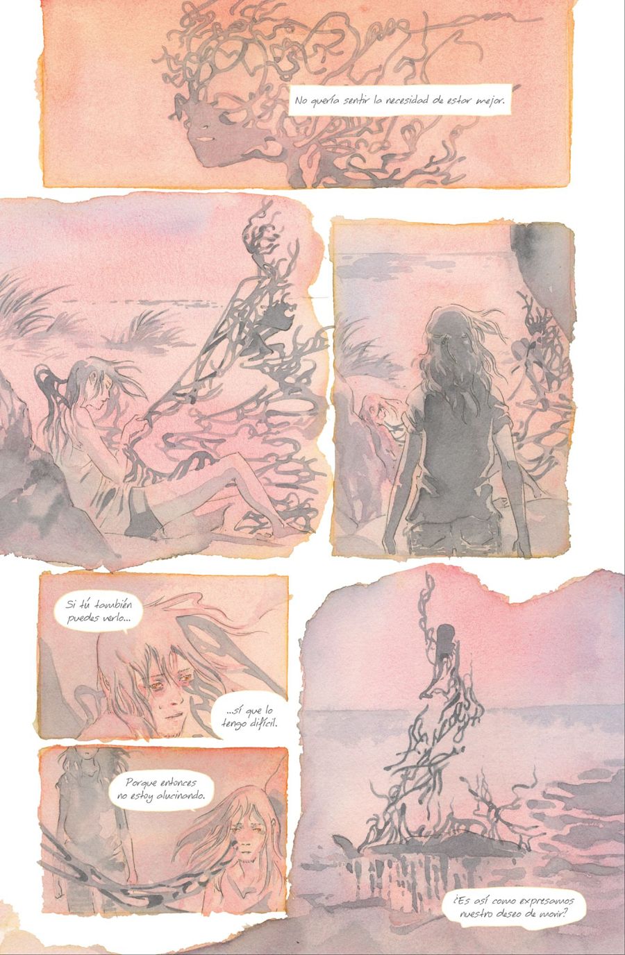 Viñetas de cómic con acuarelas, mostrando una mujer en la playa, una figura oscura y textos que expresan angustia y posible ideación suicida. Atmósfera onírica y melancólica.