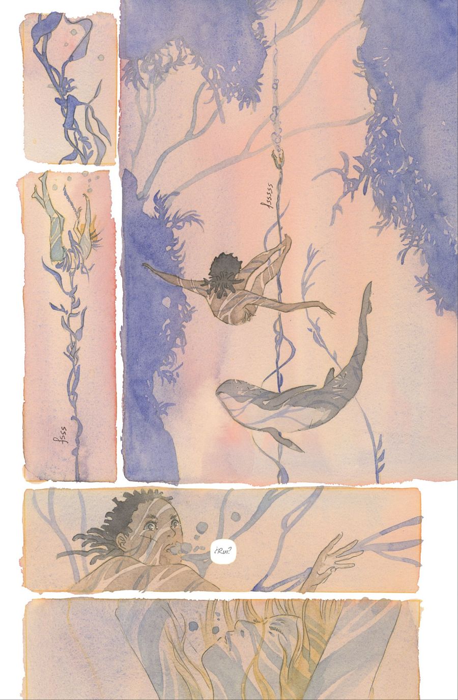 Viñetas submarinas de un cómic: dos personajes (uno rubio, otro de piel oscura), algas, ballena, onomatopeya 