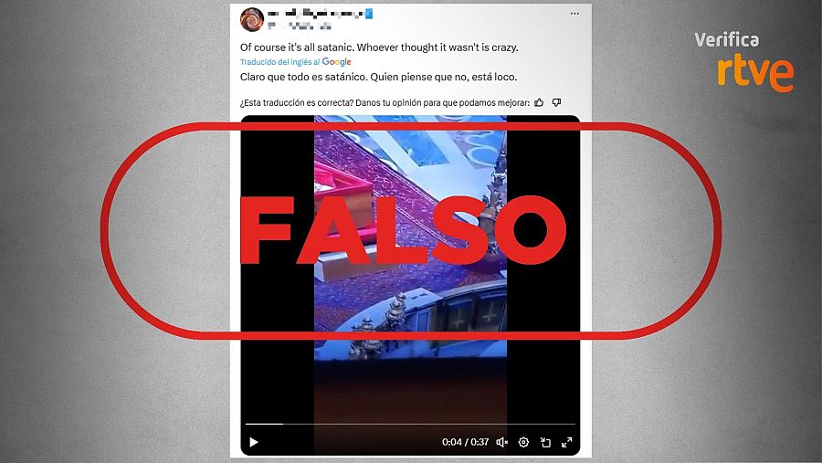 Mensaje que traslada la falsa idea de que las cruces invertidas del vídeo son un símbolo satánico