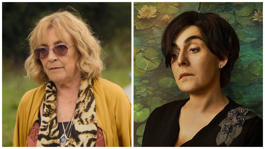 Retrato de Carmen Maura y Candela Peña, con atuendos elegantes, en un fondo con nenúfares.  Ambas actrices fueron premiadas en los Premios Platino 2025.