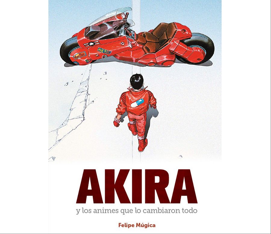 Portada de libro sobre Akira: Kaneda se aleja de su motocicleta roja en un suelo agrietado. Título en rojo sobre fondo claro.