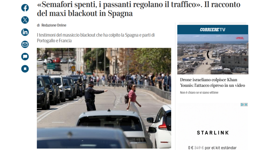 Noticia del periódico italiano Corriere della Sera sobre el apagón masivo en España
