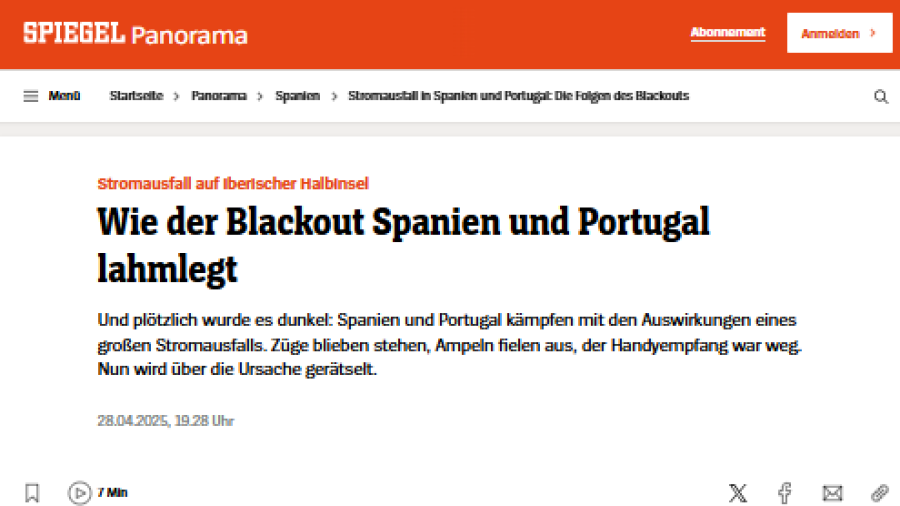 Noticia de Der Spiegel sobre las causas detrás del corte en el suministro de luz en España y Portugal