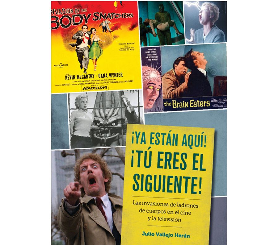 Portada de libro sobre invasiones de cuerpos en cine y TV, con imágenes de películas clásicas de ciencia ficción y terror.  Incluye póster de *Invasion of the Body Snatchers*.