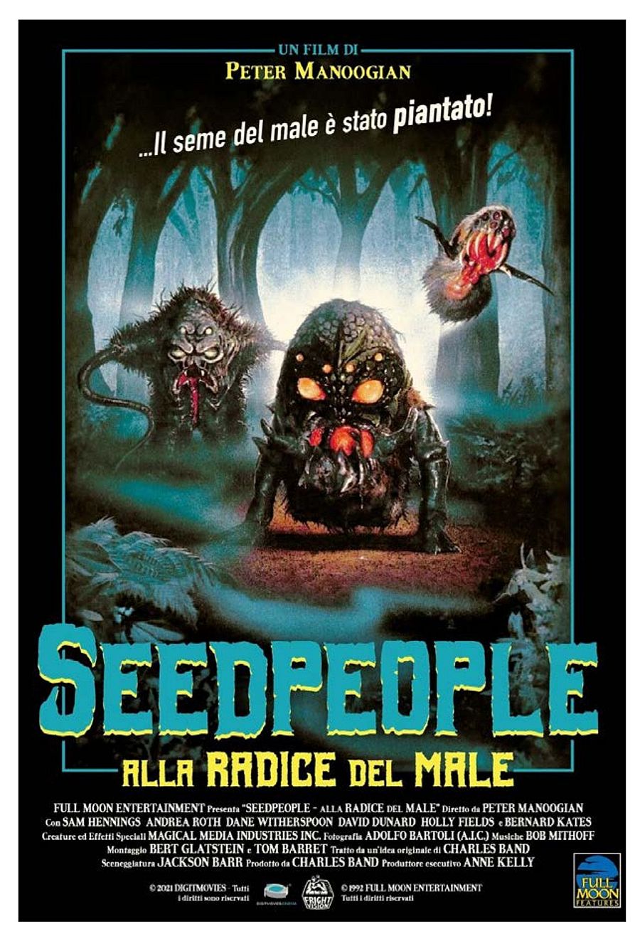 Póster de terror con tres monstruos, un bosque oscuro y el título 