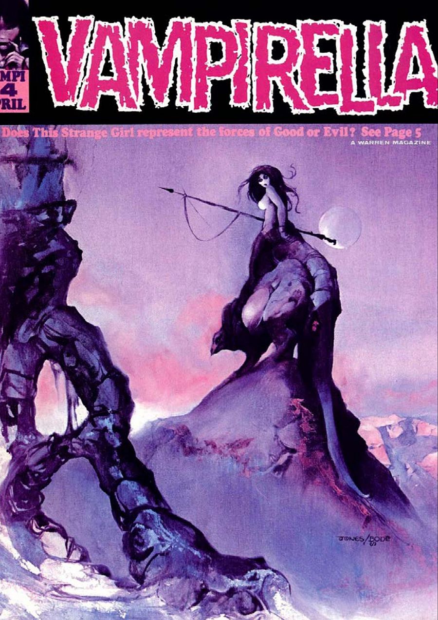 Portada de cómic: Vampirella sobre criatura alada, lanza en mano.  Pregunta intrigante sobre el bien y el mal.  Publicación Warren Magazine.