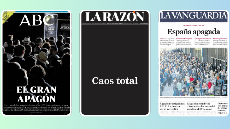Tres periódicos españoles muestran las consecuencias de un apagón: multitudes en la oscuridad, caos y declaración de emergencia nacional.