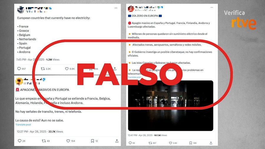 Publicaciones falsas que dicen que el apagón masivo afectó a otros países europeos