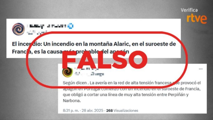 Mensajes que difunden la falsa idea de que el apagón lo provocó un incendio en Francia