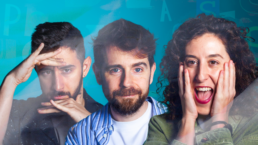 Tres personas con expresiones cómicas anuncian un episodio de preview del podcast 