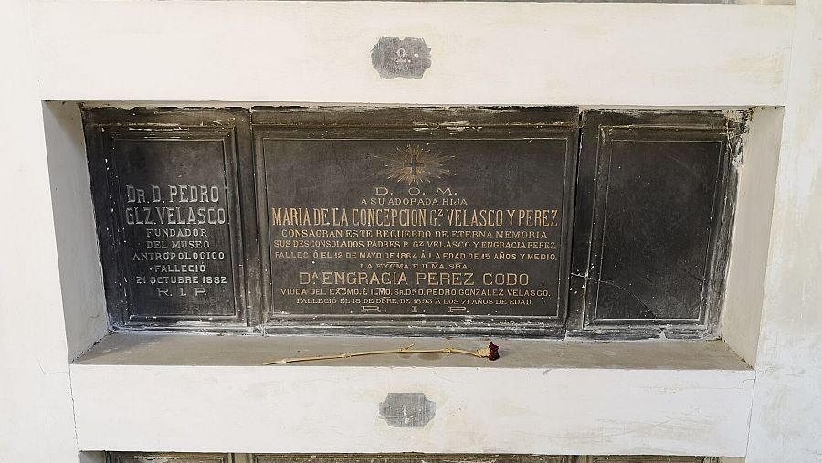 Tres lápidas en un nicho muestran inscripciones con nombres, fechas de fallecimiento y relaciones familiares. Una rosa seca descansa en la repisa.