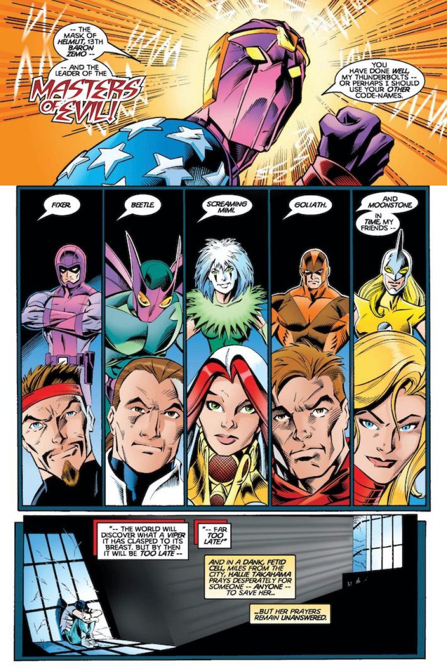 Viñeta de cómic: Helmut, líder enmascarado, habla con su equipo (Fixer, Beetle, Screaming Mimi, Goliath, Moonstone).  Hallie Takahama, prisionera, reza por ayuda sin respuesta.
