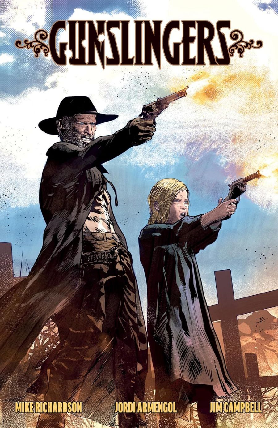 Portada de cómic: hombre con sombrero y niña disparan pistolas en un paisaje desértico. Título en letras doradas.