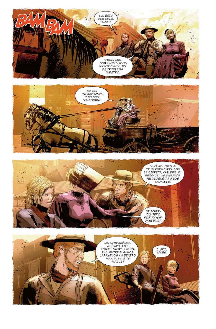 Página de cómic con cinco viñetas que muestran una familia en una carreta, un tiroteo y un encuentro con un hombre que ofrece caramelos a una niña llamada Kathrine.