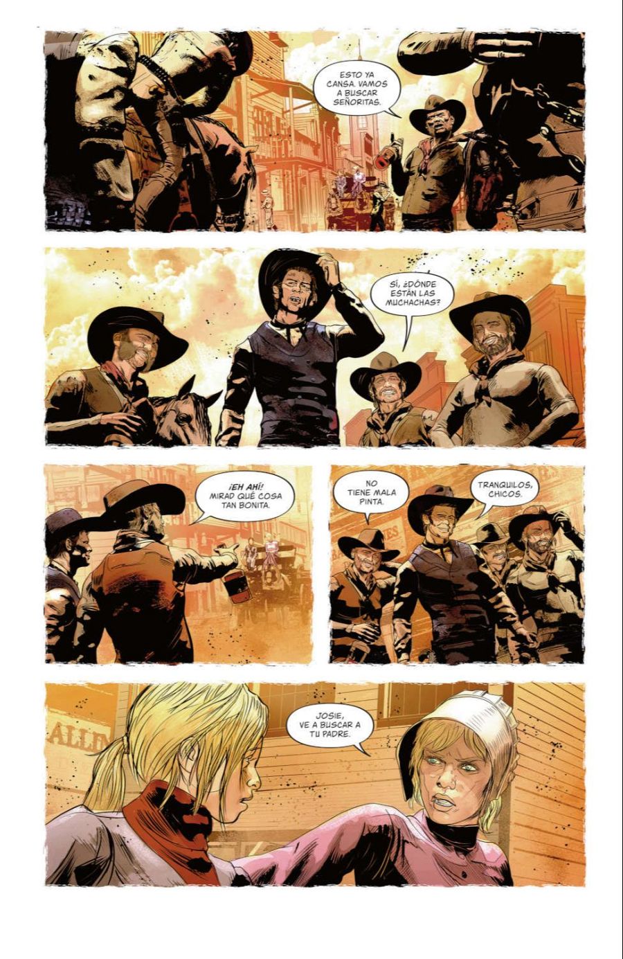 Cinco viñetas de un cómic muestran a vaqueros buscando mujeres en un pueblo del oeste.  Se observa a los vaqueros a caballo y a pie, y finalmente se encuentran con dos jóvenes.