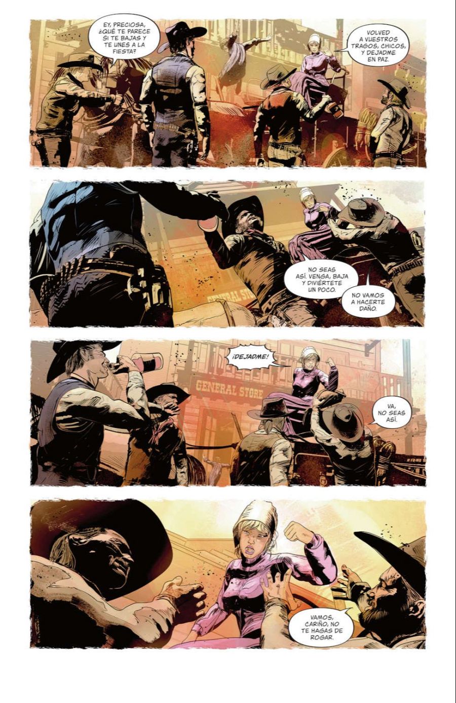 Seis viñetas de cómic muestran el secuestro y acoso de una mujer en una carreta, quien grita 