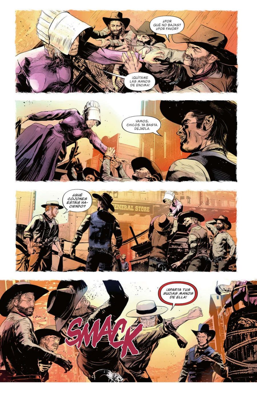 Viñetas de cómic mostrando una pelea en un pueblo del oeste, donde una mujer es el centro de una disputa entre varios hombres.  Se ven agresiones físicas y diálogos entre los personajes.