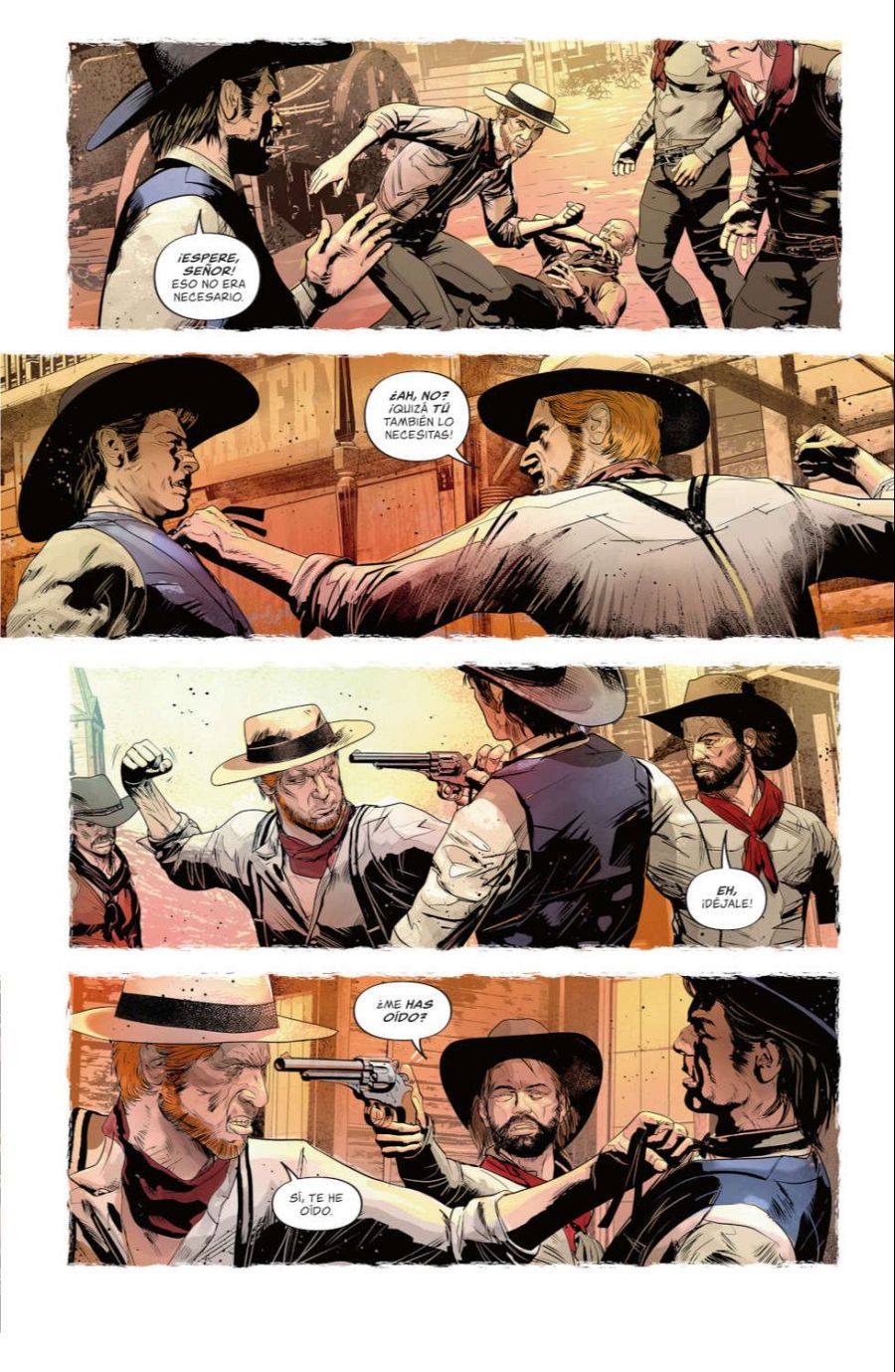 Cuatro viñetas de un cómic muestran una pelea en el oeste, con diálogos como: 