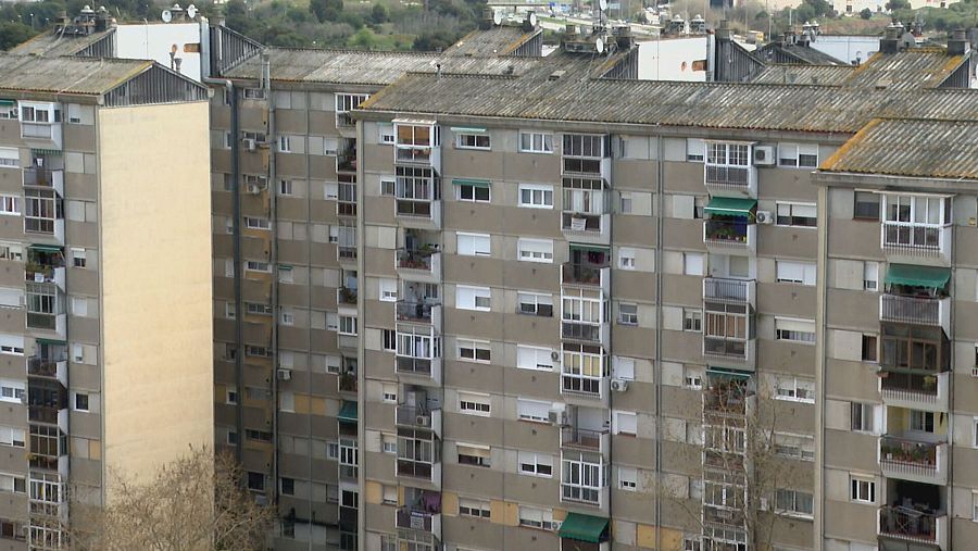 Bloques de pisos altos, grises con tejados de amianto y balcones con toldos verdes.  Un edificio tiene una pared lateral beige.  Árboles sin hojas.